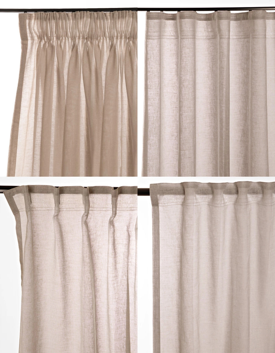 Olika upphängningssätt för beige gardin Saga
